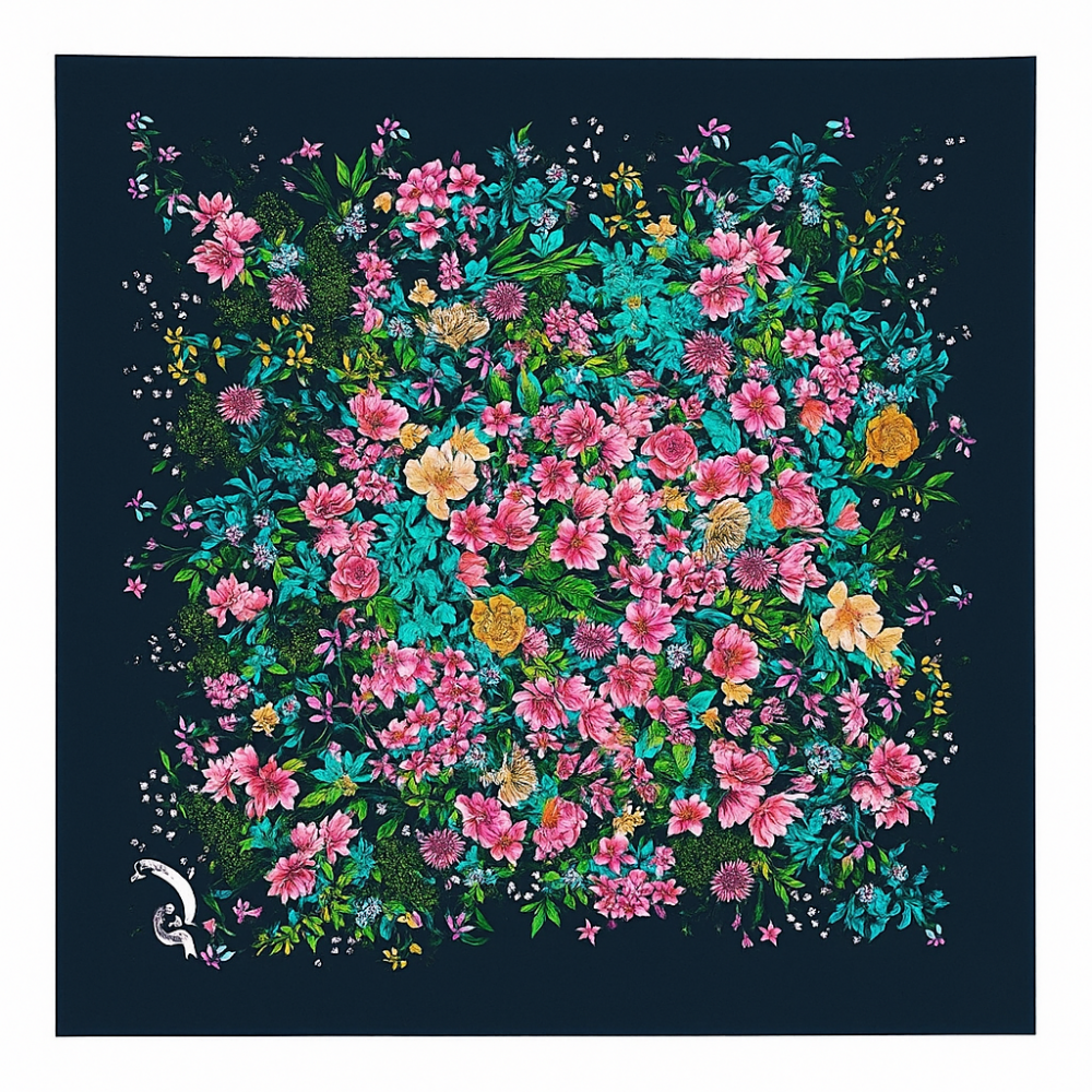 Pañuelo de semiseda 90x90 cm negro con flores de colores