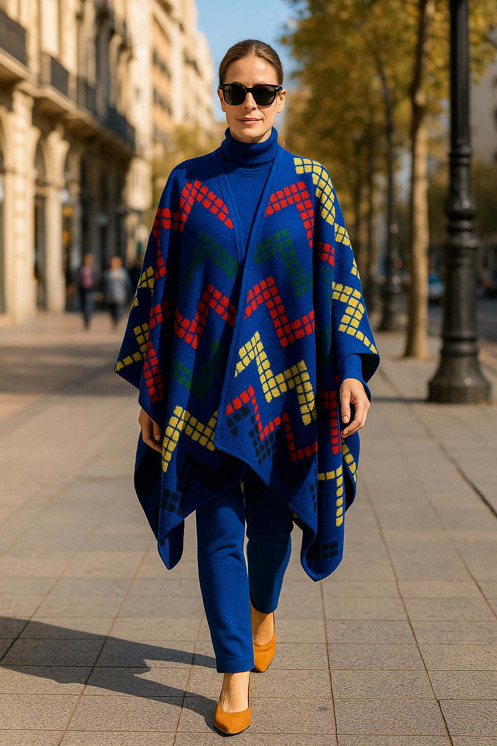 Poncho capa azul klein con dibujos geometricos Julunggul