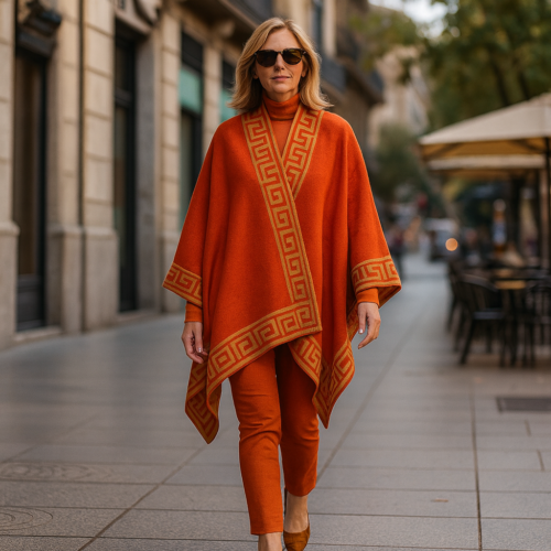Poncho capa reversible Cámel y naranja