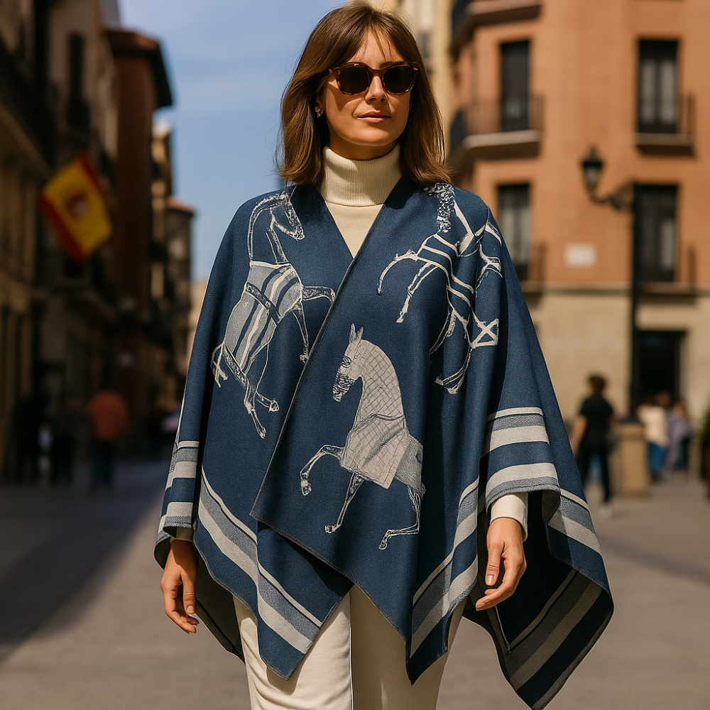 Poncho capa reversible azul y piedra Caballos