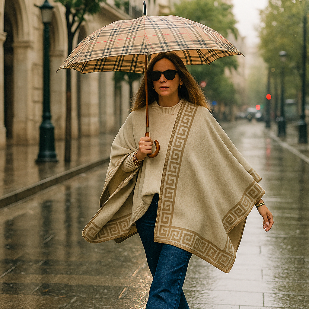 Poncho capa reversible camel y beige con cenefa 2 Julunggul