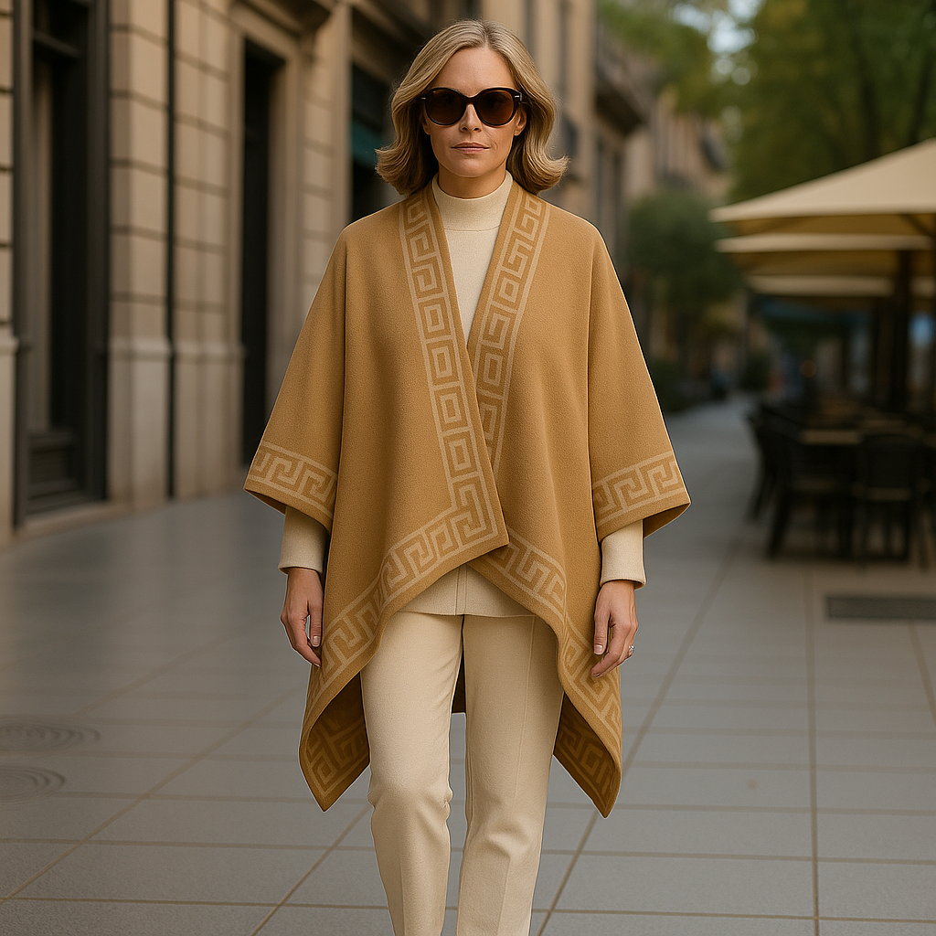 Poncho capa reversible camel y beige con cenefa 4 Julunggul