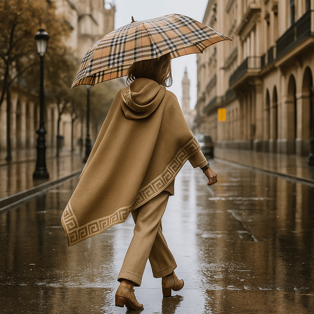Poncho capa reversible camel y beige con cenefa Julunggul