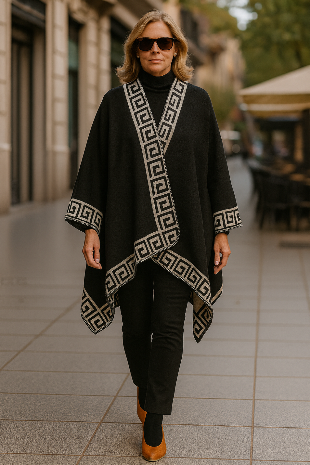 Poncho capa reversible negri y gris claro con cenefa Julunggul