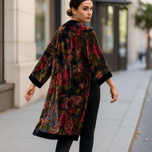 Kimono de terciopelo devore Negro Rosas