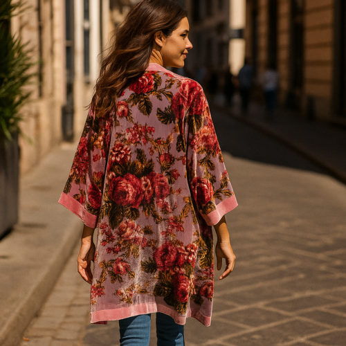 Kimono de terciopelo devore Rosa Rosas