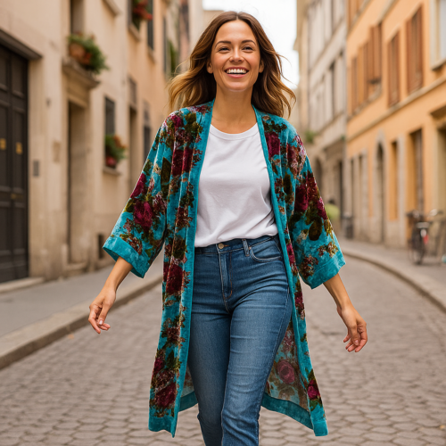 Kimono de terciopelo devore Turquesa Rosas