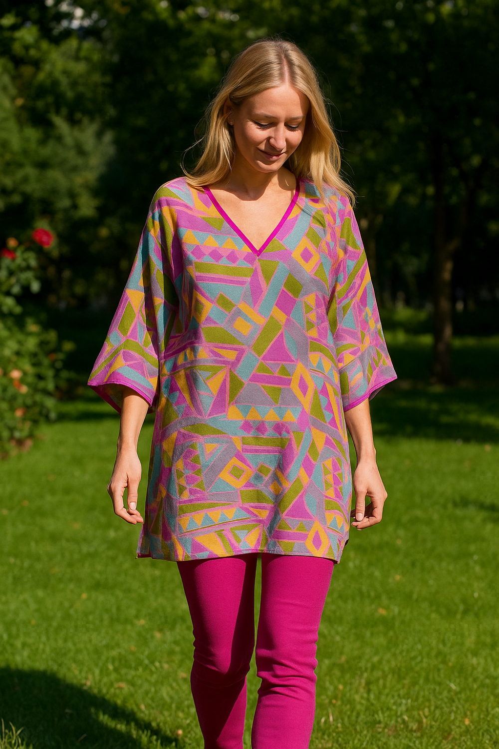 Caftan bluson de seda fucsia, azul dibujos geometricos Julunggul