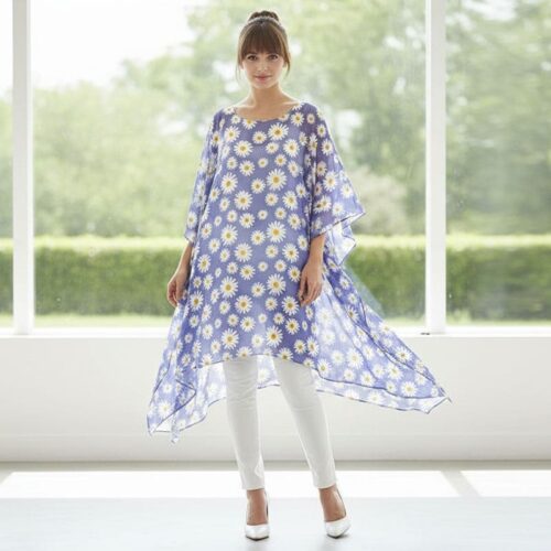 Caftan de seda natural azul con margaritas blancas Julunggul