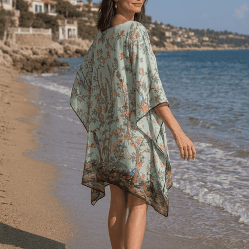 Caftan o kaftan de pañuelos de playa y calle corto con estampado verde mar de Julunggul