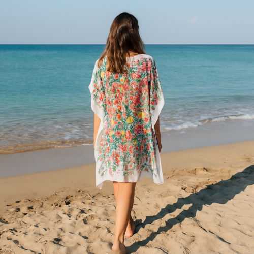 Caftan semiseda de pañuelos beige con flores Julunggul