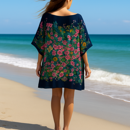 Caftan Negro con flores de Pañuelos de semi seda