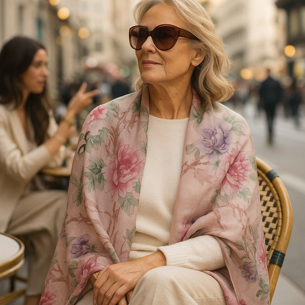 Fular de mujer de seda reversible de flores rosa 1 Julunggul