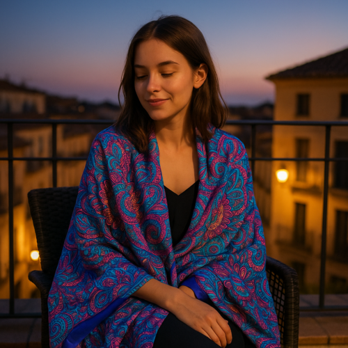 Fular de seda chal azul y fucsia paisley de julunggul