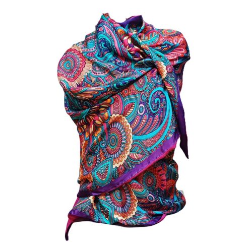 Fular de seda con forro Paisley azul y fucsia Julunggul