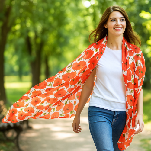 Fular de seda con forro reversible blanco con amapolas Julunggul