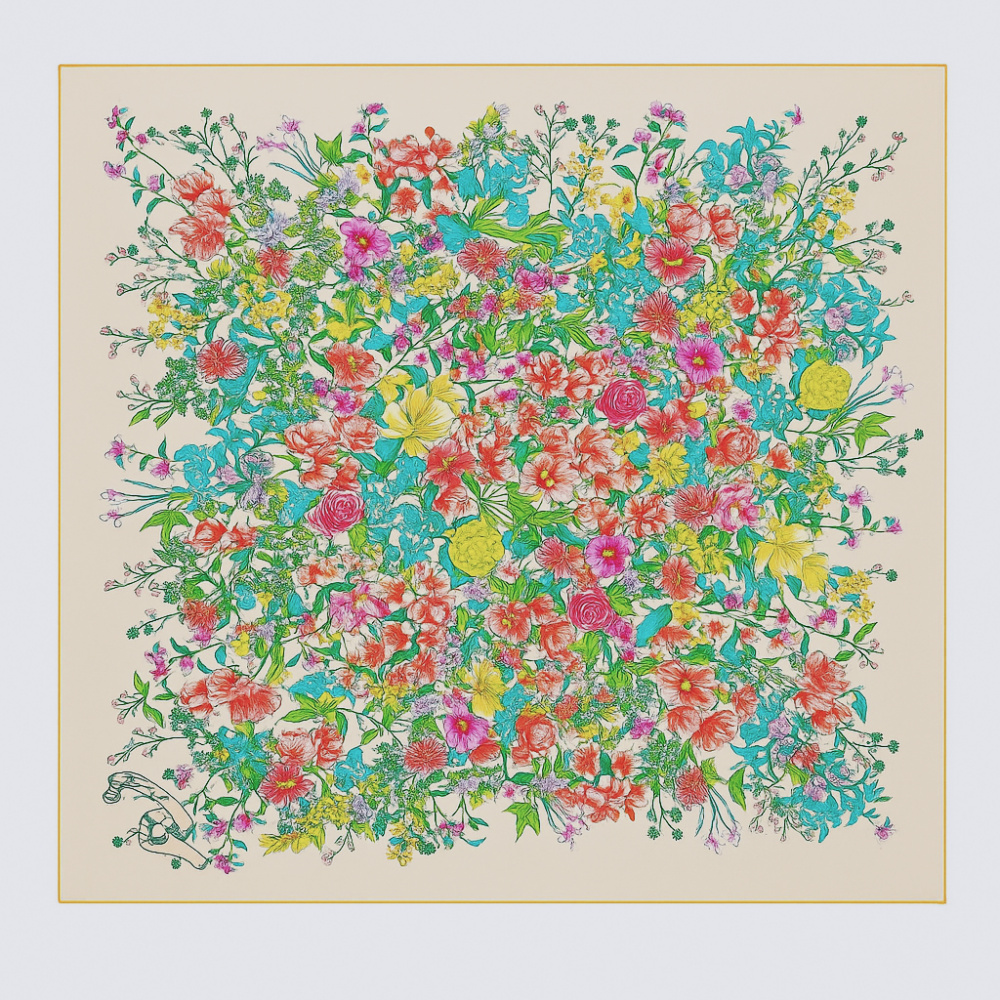 Fular de semiseda 90x90 cm beige con flores