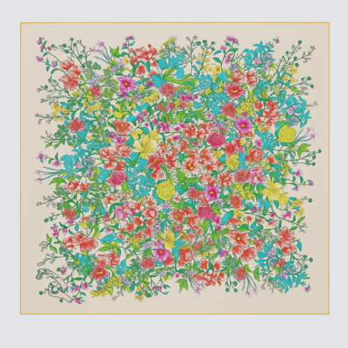 Pañuelo de semi seda 90x90 cm Flores beige