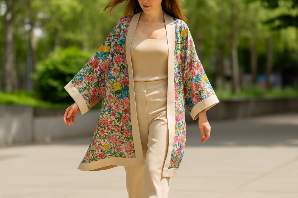 Kimono de semiseda Beige con flores de colores 3 Julunggul