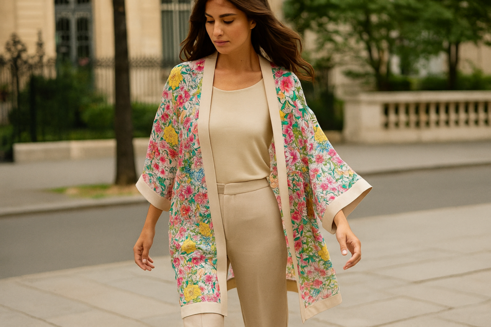 Kimono de semiseda Beige con flores de colores 3 Julunggul