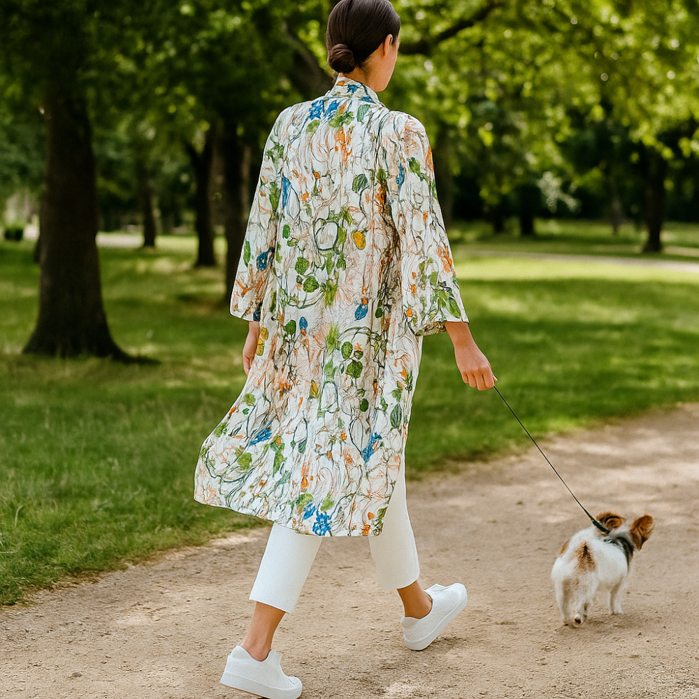 kimono largo de semiseda blanco y verde de Flores