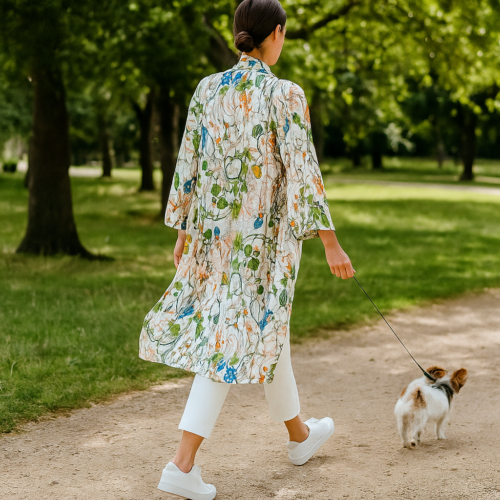 kimono largo de semiseda blanco y verde de Flores