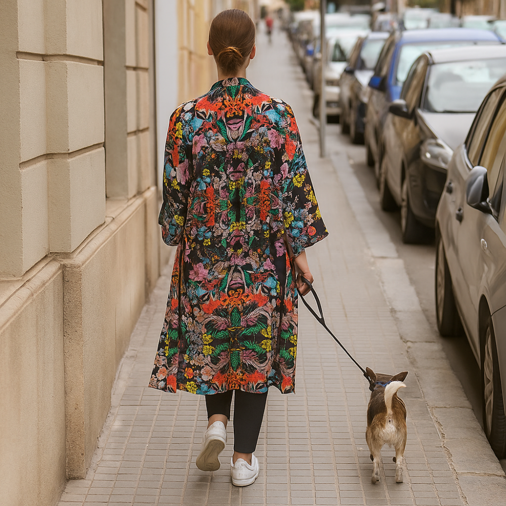 Kimono largo de seda negro estampado