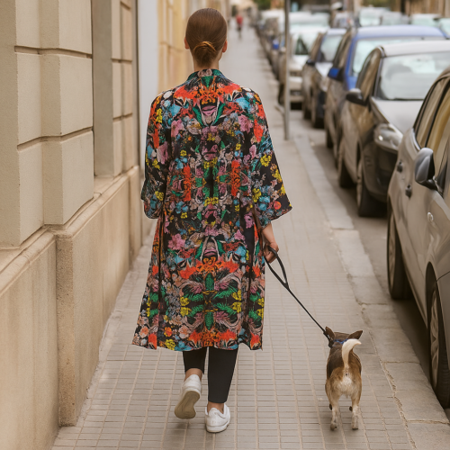 Kimono largo de seda negro estampado
