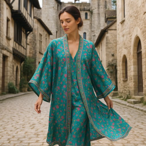 Kimono y vestido de seda turquesa Julunggul