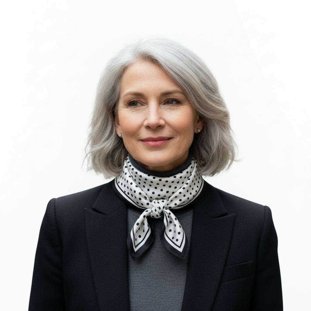 Pañuelo de semi seda 90x90 cm blanco con lunares negros - Imagen 2