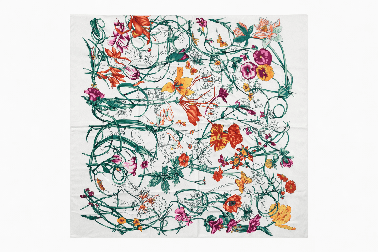 Pañuelo de semi seda grande 130x130 cm blanco con flores - Imagen 2