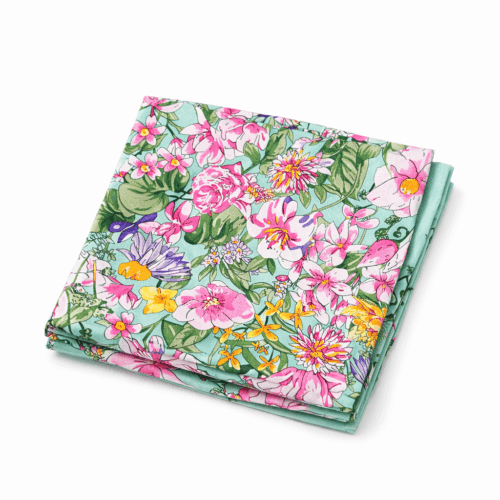 Pañuelo de semi seda grande verde mar con flores 130x130 cm (copia) (copia)