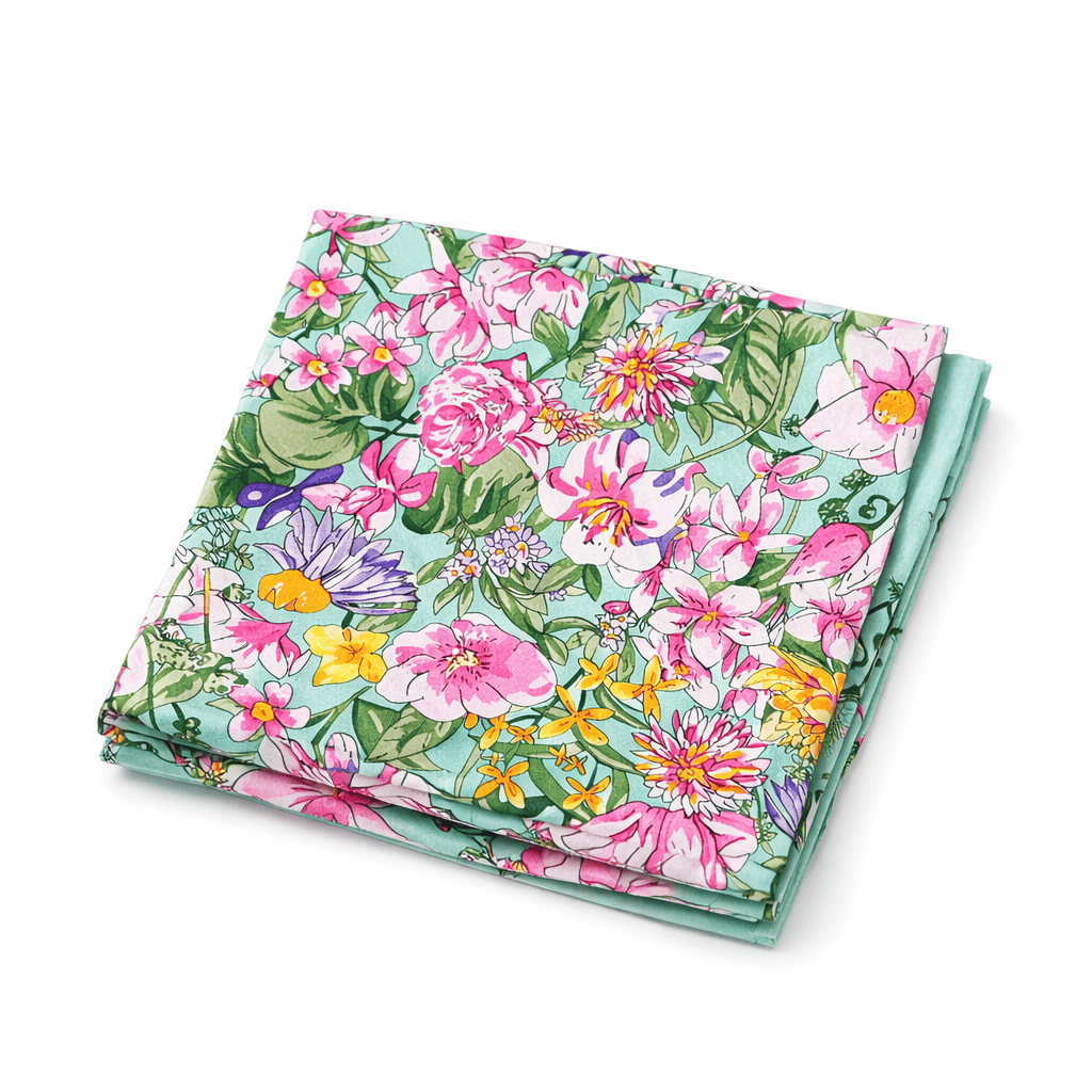 Pañuelo de semi seda grande verde mar con flores 130x130 cm