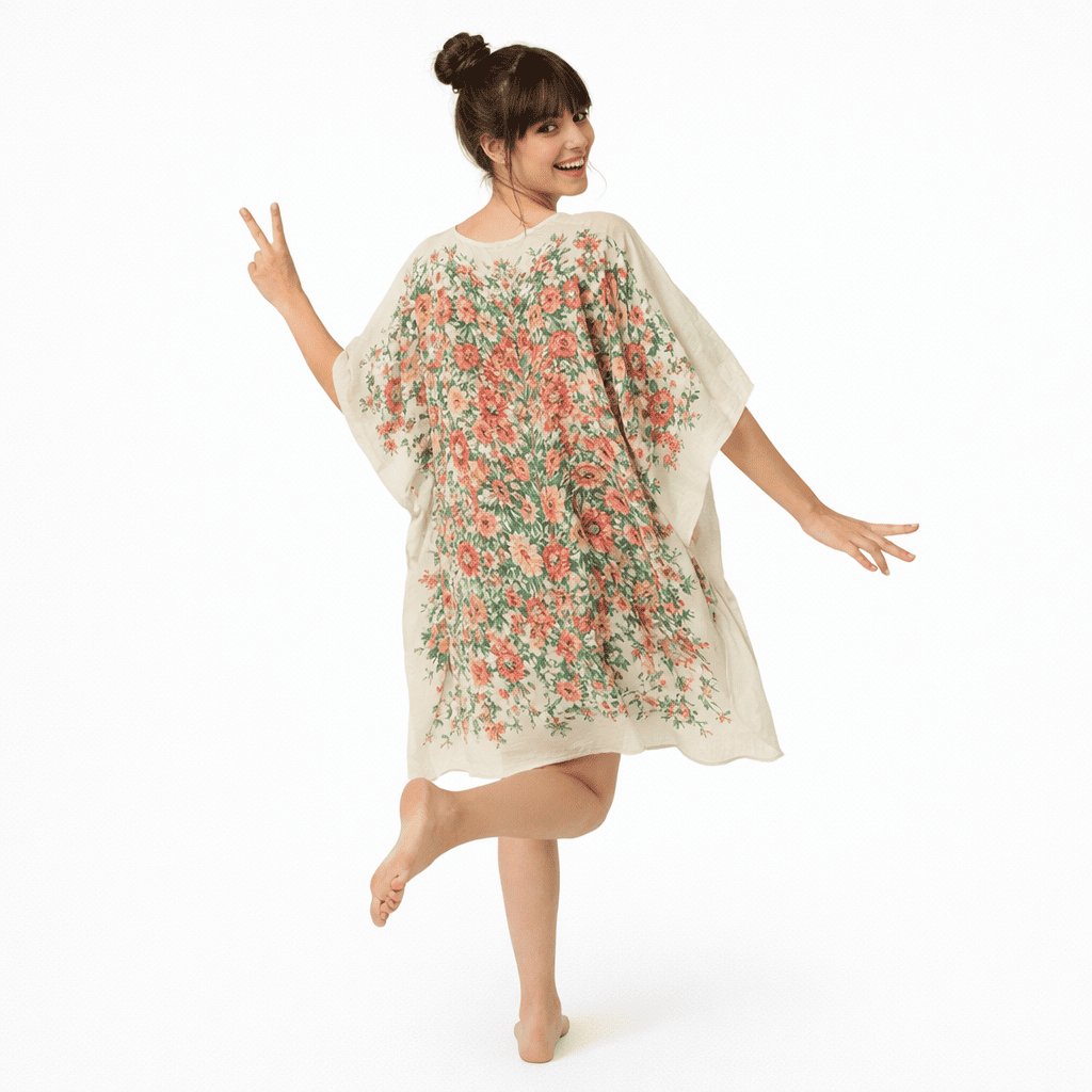 caftán de playa de semiseda beige con flores Julunggul