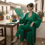 Abanico esmaltado con funda a juego de los lirios de Van Gogh verde y azul de Julunggul