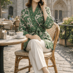 Kimono de semiseda brocada beige y verde con fajin largo Julunggul