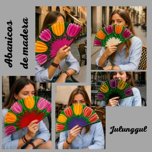 Abanicos de madera flores de colores Julunggul
