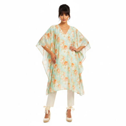 Caftan largo de algodón verde mar con flores