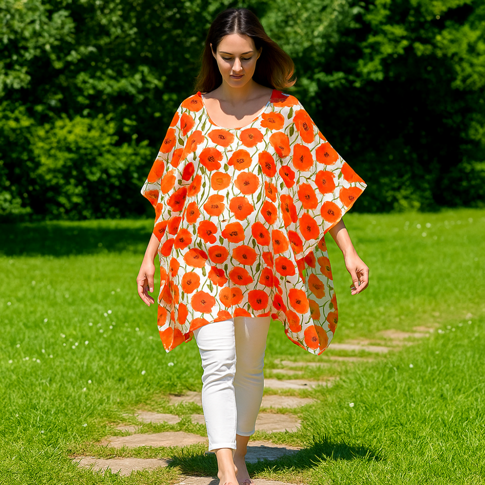 Caftan de seda para embarzadas Blanco con flores rojas Julunggul
