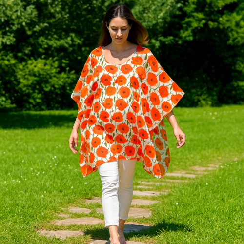 Caftan de seda para embarzadas Blanco con flores rojas Julunggul