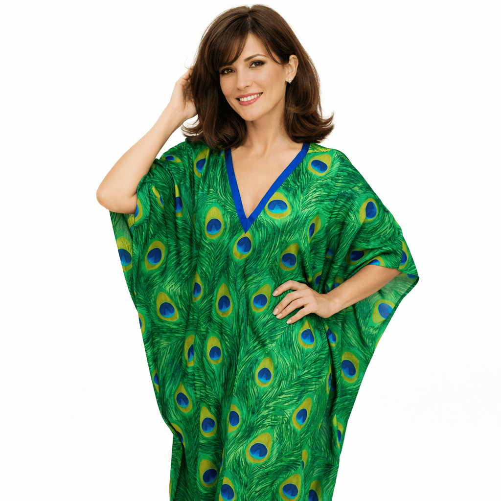 Caftán de semiseda largo verde y azul y otros estampados - Imagen 2