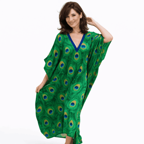 Caftán de semiseda largo verde y azul y otros estampados