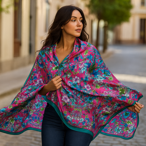 Echarpe chal fular de semiseda Fucsia con flores Julunggul
