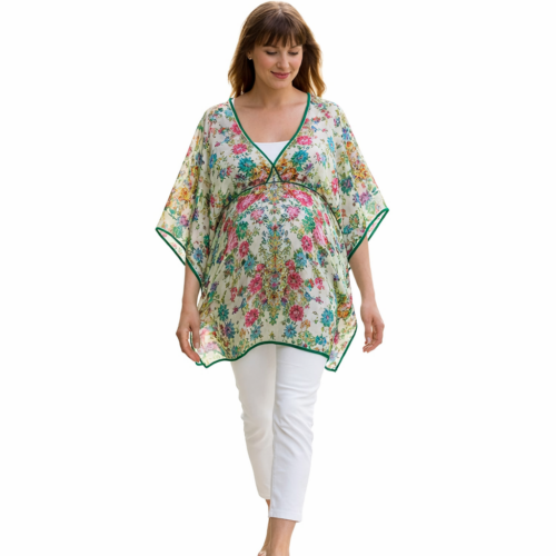 Caftán de semiseda verde con flores y diferentes estampados