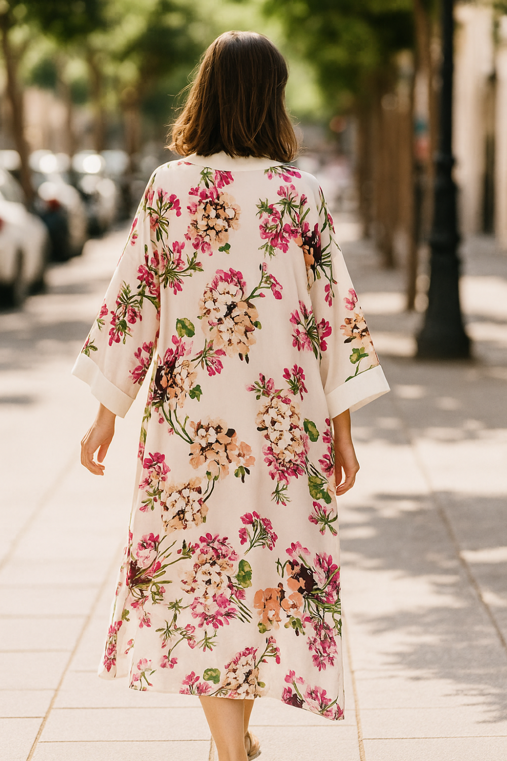 Kimono de seda largo blanco con flores rosas Julunggul