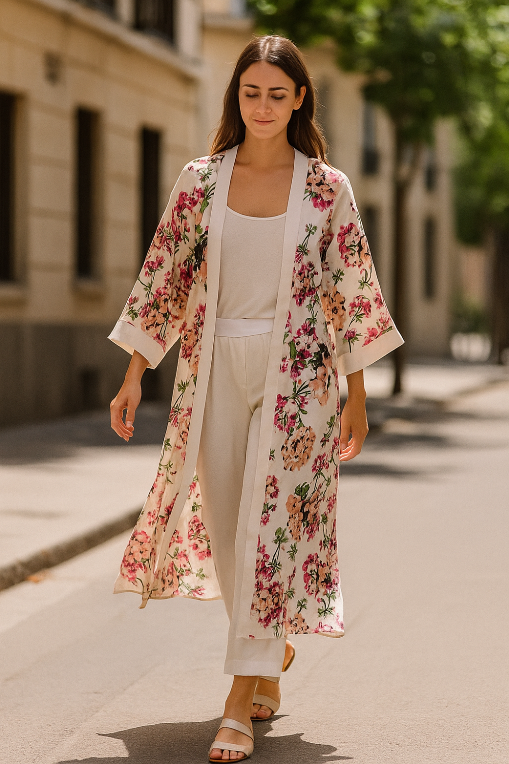 Kimono de seda largo blanco con flores rosas Julunggul