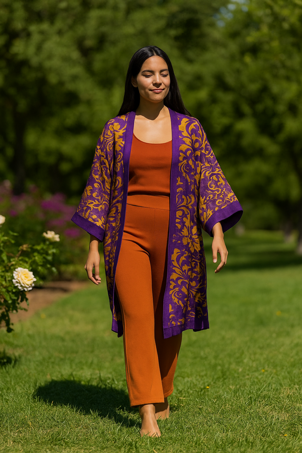 Kimono de seda morado y naranja Julunggul