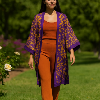 Kimono de seda morado y naranja Julunggul
