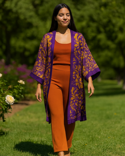 Kimono de seda morado y naranja Julunggul