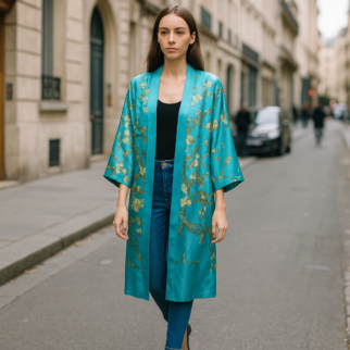 Kimono de semiseda turquesa Julunggul